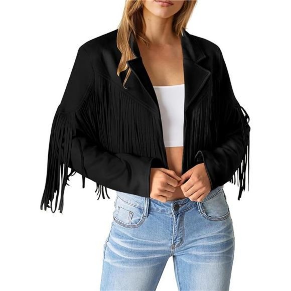 Women's Fringe Faux Leather Jackets Fashion Tassel Motorcycle Cropped Coats NWT - Picture 5 of 7